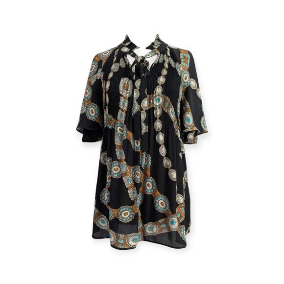 LRL Women's Black Southwest Belt Print Tunic Top pleated - Picture 1 of 9